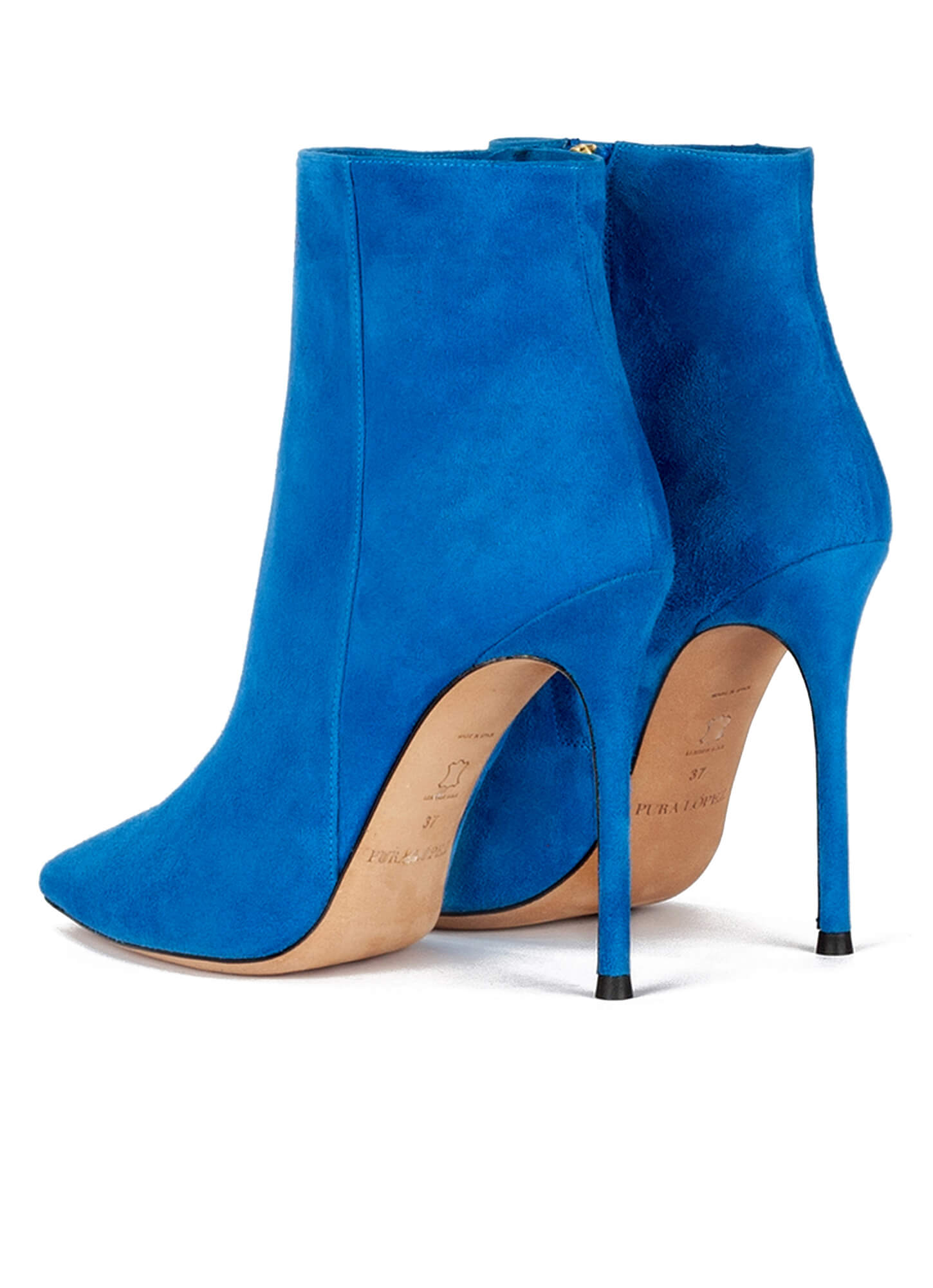 High heel point-toe ankle boots in royal blue suede . PURA LOPEZ