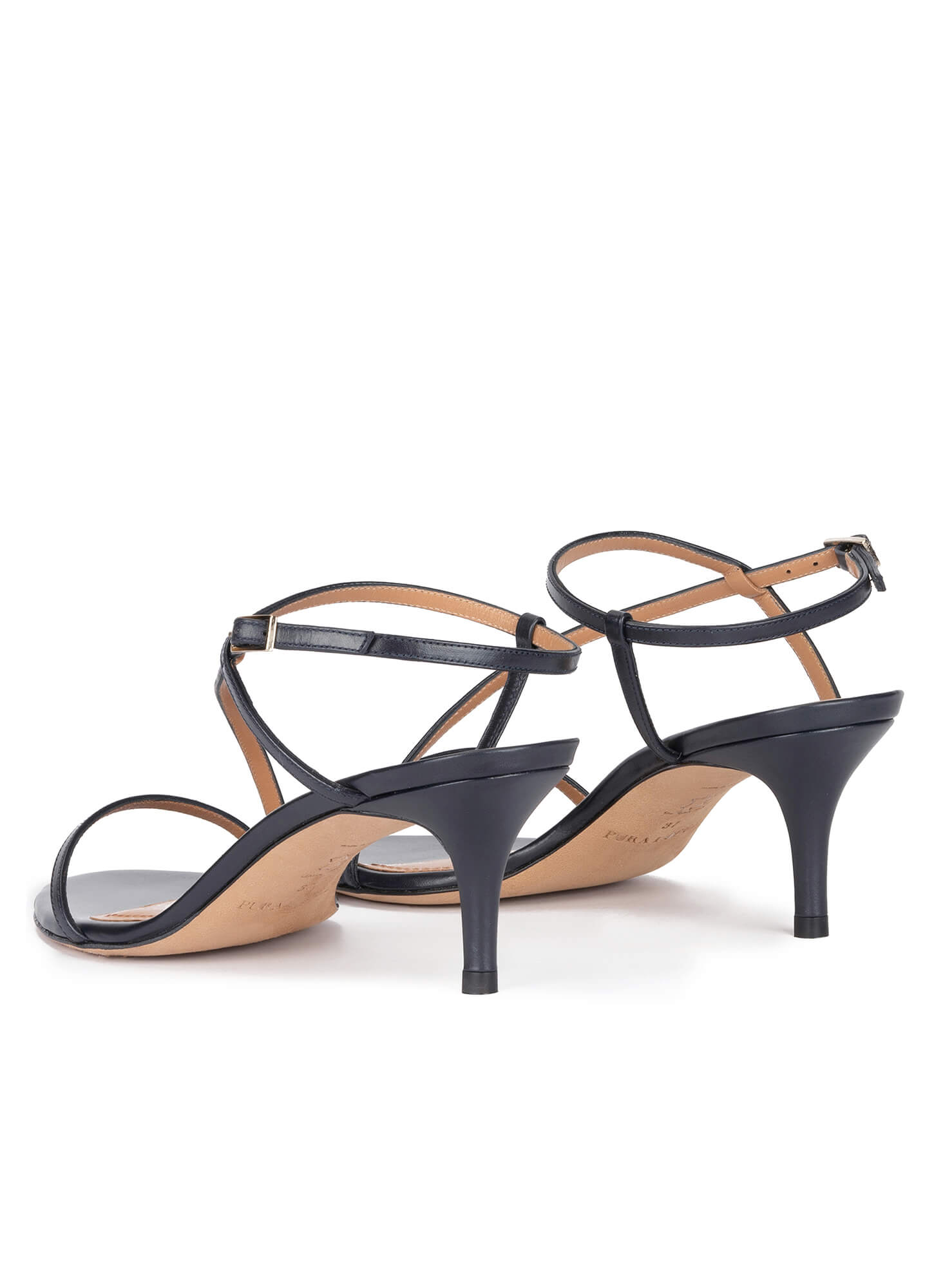 Strappy mid heel sandals in navy blue leather . PURA LOPEZ