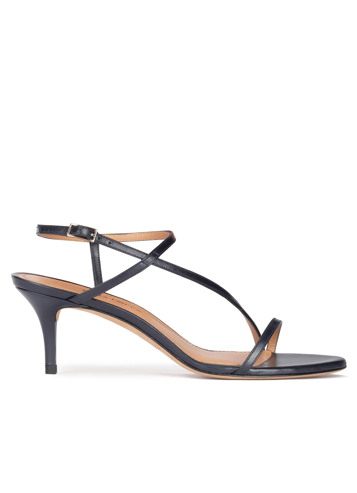Strappy Mid Heel Sandals In Navy Blue Leather Pura Lopez
