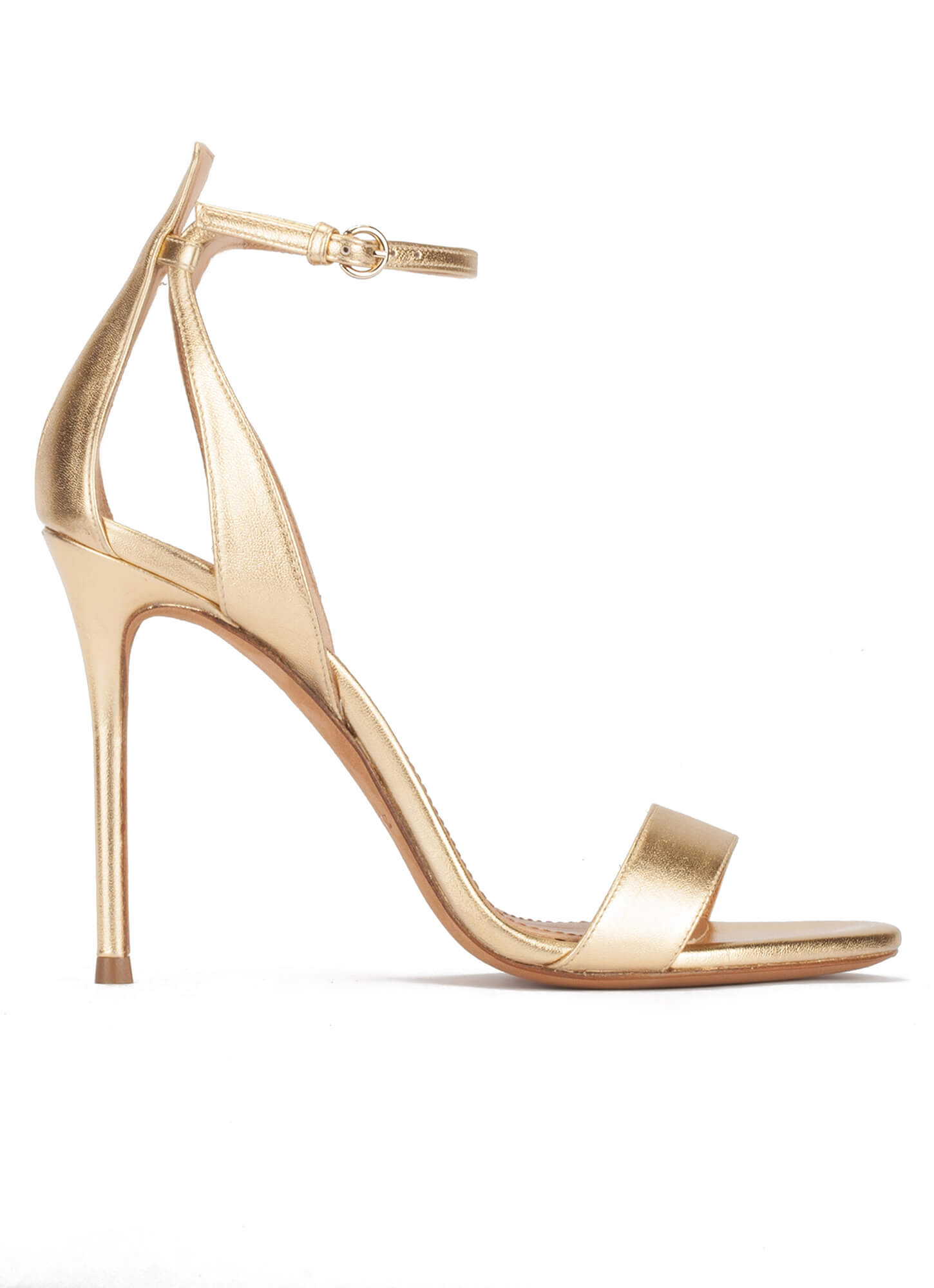 Ankle-strap high heeled sandals in gold metallic leather . PURA LOPEZ