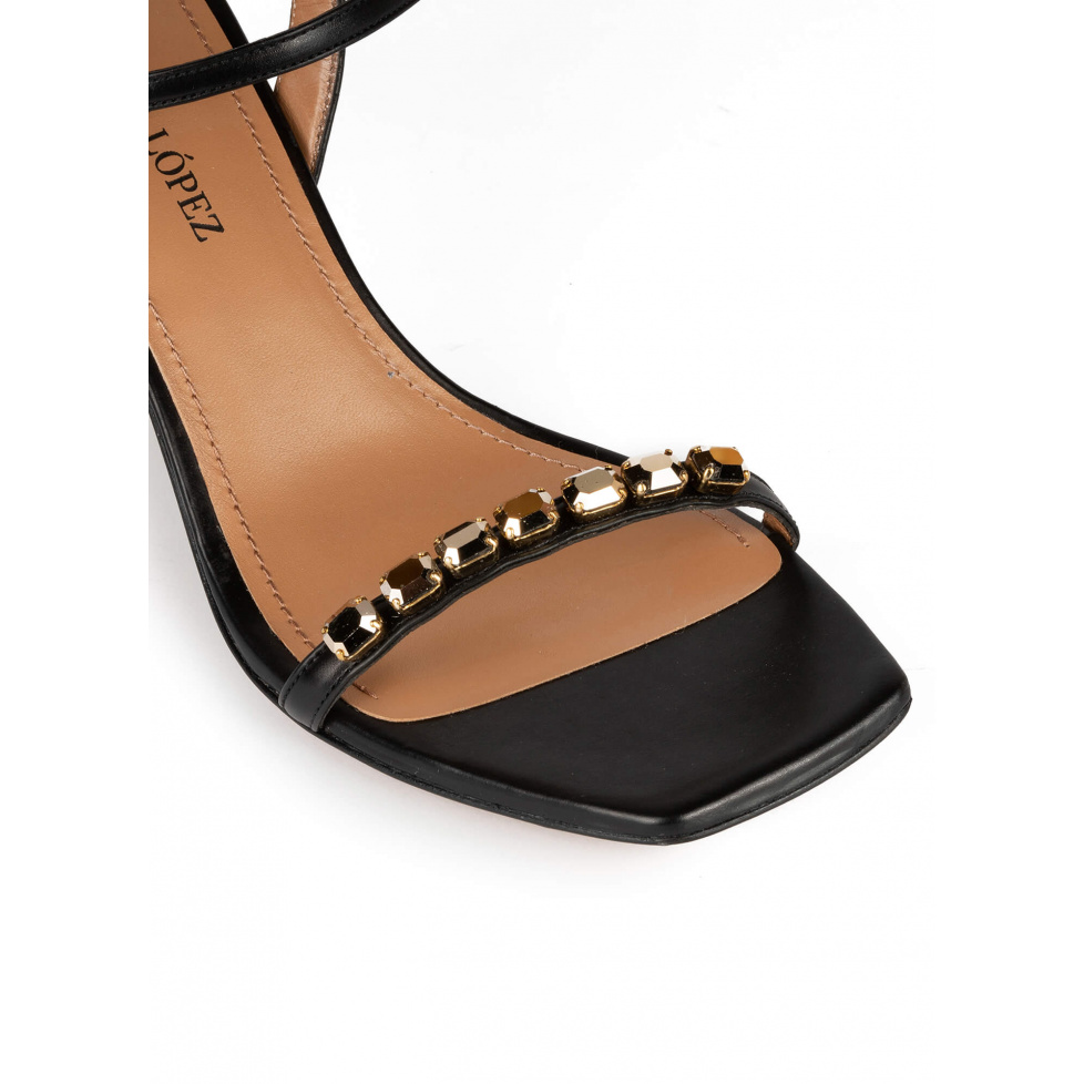 Crystal-embellished mid heel sandals in black leather