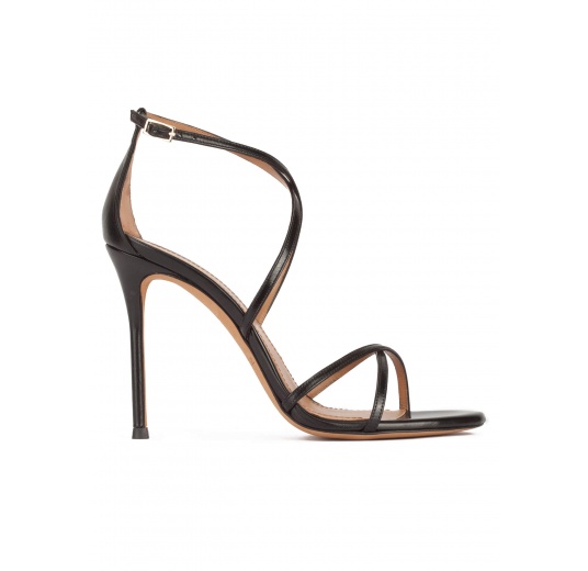 High heel sandals with crossed straps in black leather Pura López