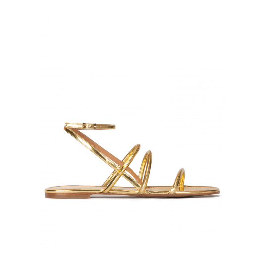 Gold mirrored leather ankle strap flat sandals Pura López