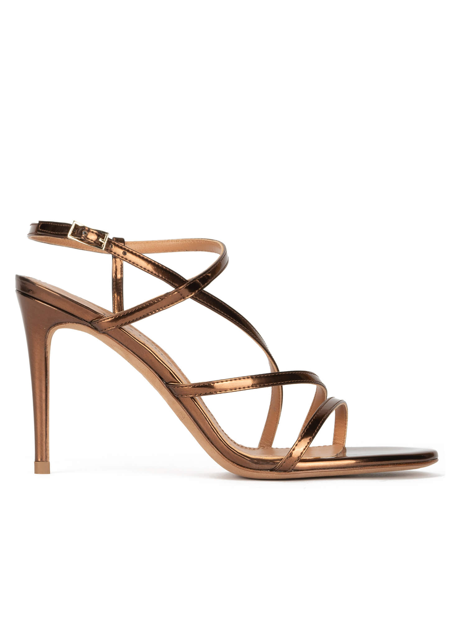 Bronze mid block heel sandals in metallic leather . PURA LOPEZ