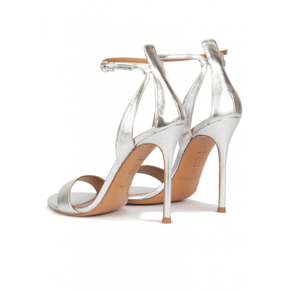 High heel sandals in silver leather - online shoe store Pura Lopez ...