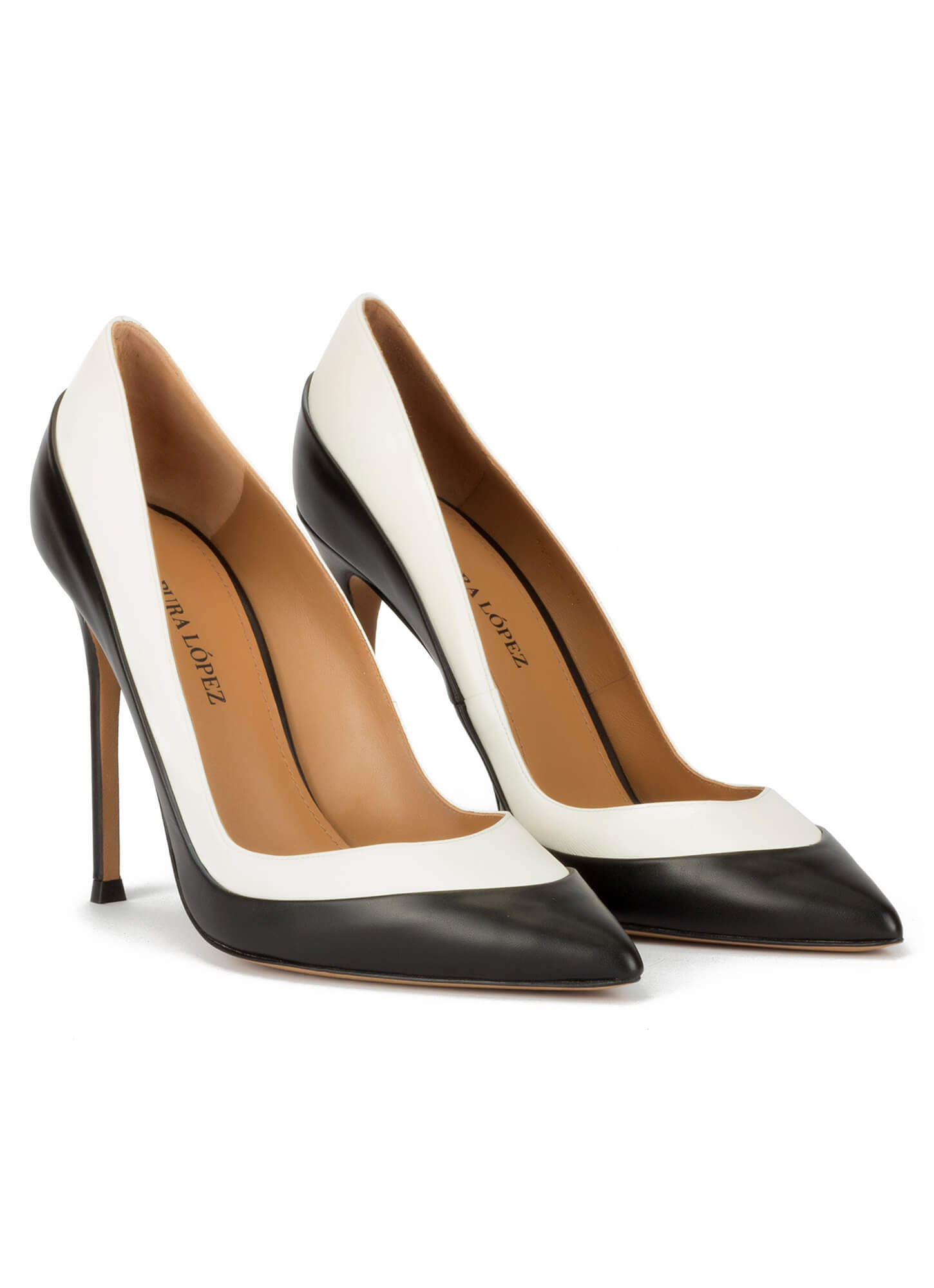 Two-tone high heel pumps in black and white leather . PURA LOPEZ