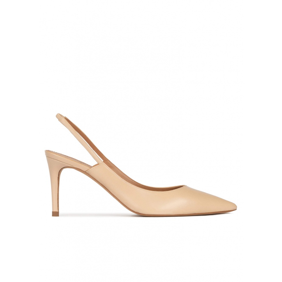 Pointed toe slingback pumps in beige leather . PURA LOPEZ