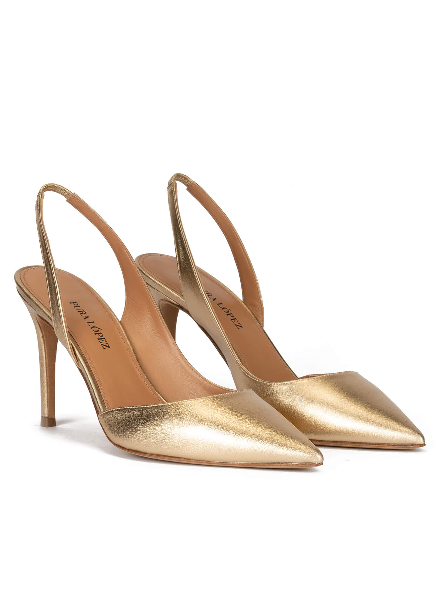 Golden Slingback Pointy Toe Pumps With 90mm Stiletto Heel Pura Lopez