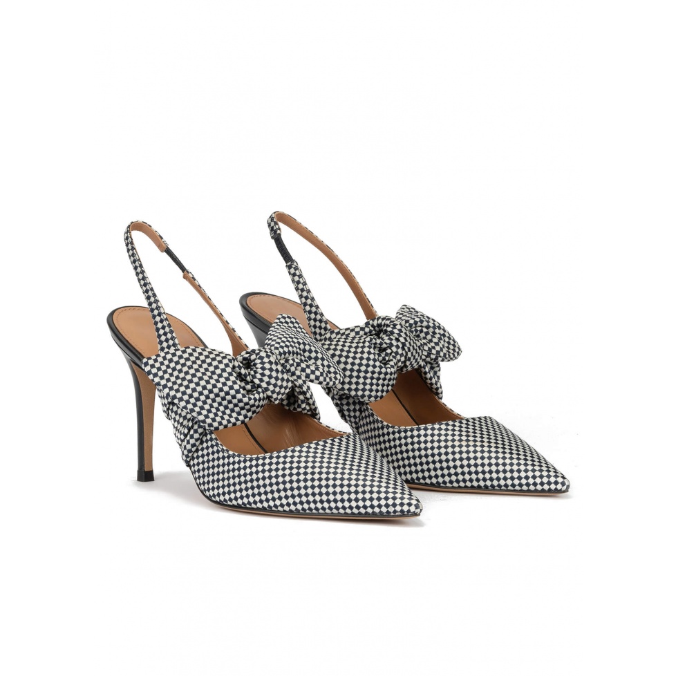 Checked slingback high heel shoes in white and blue fabric